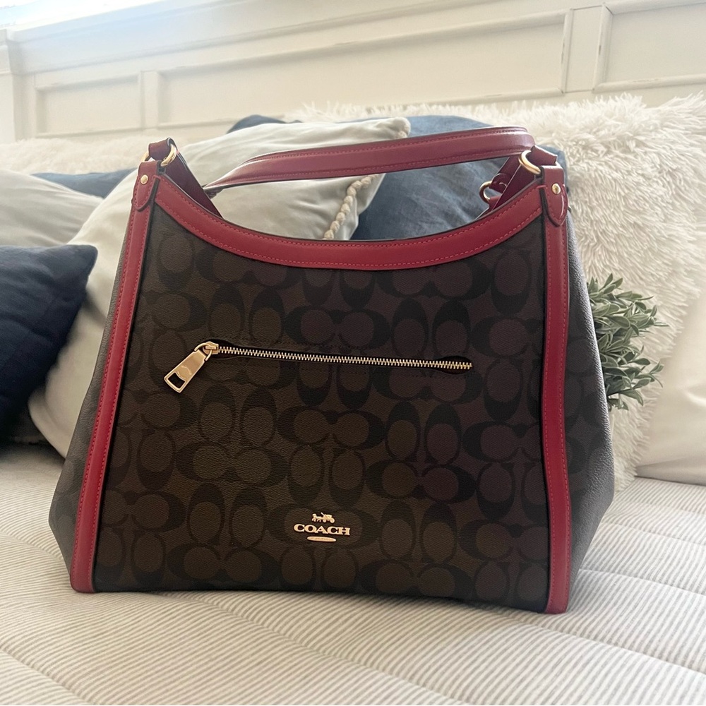 Kristy Shoulder Bag in Signature Canvas Red and Brown Coach
